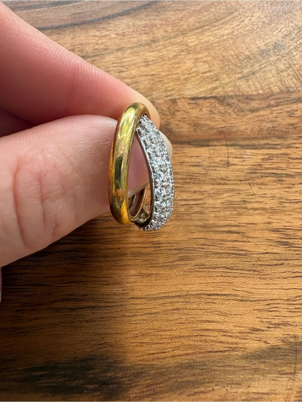 Interlocking Gold and Silver Tone Ring with Pavé Crystals - Size 6.5 - Picture 5 of 13